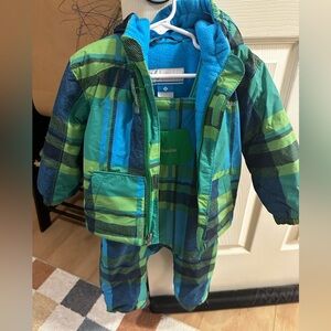 Columbia Kids' Plaid Green and Blue snow bib with jacket